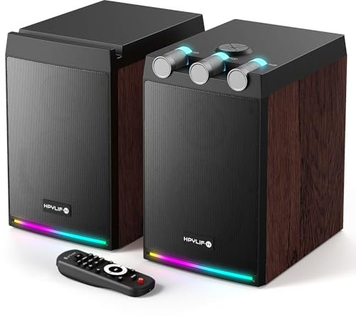 HPYLIF·H 100W Powered Bluetooth Bookshelf Speakers,2.0 Wireless Hifi Speaker With Subwoofer and Led Light,Dynamic 3D Surround Sound,for Home Music,Vinyl records, Home Theatre, Gaming,TV -Wood Grain