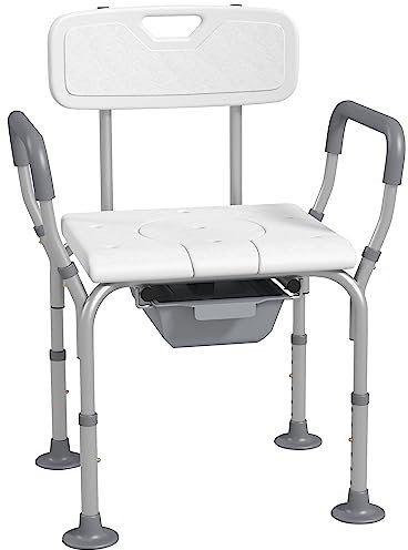 HOMCOM Height Adjustable Shower Chair with Arms and Back, Non-Slip Shower Stool, Bedside Commode with Detachable Bucket for Elderly, Seniors, Disabled, White