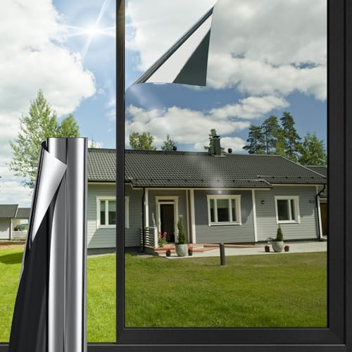 HONLONE One Way Window Film, Reflective Window Film Mirror, Anti Sun Glare UV Tinted, Protection Heat And Privacy For Home Office, Black Silver 90 * 400cm