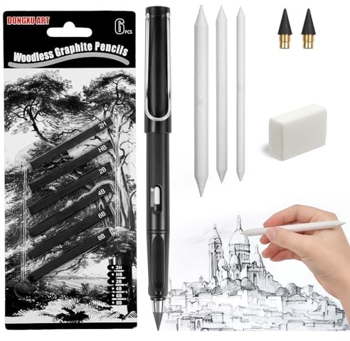 AUAUY-Eternal Bleistiftset 5-teilig mit Papierradierer, Infinity Pencil, Wiederverwendbarer Everlasting Pencil mit 2 Austauschbarem 3 Papierwischer