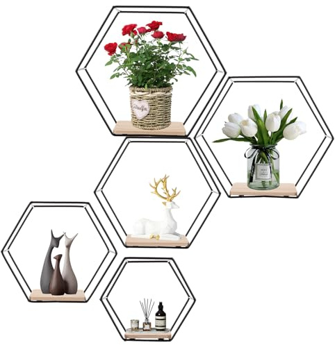 JMIATRY 5er Set Hexagon Regal Schwarz, Wandregal Metall, Wand Regal Schwarz für Küchenregal, Badezimmer, Schlafzimmer, Wanddekoration