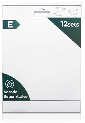 Svan Lavavajillas 60 cm Blanco SJ12600E. 1900W, 12 Cubiertos, 2 Bandejas, 5 Programas, Control Electrónico, Función Stop&Go, Secado Super Active, Bajo nivel Sonoro, Eficiencia Energética Clase E