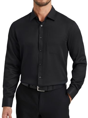 HISDERN Chemise Homme Manches Longues en Coton Chemises Noire Hommes Habillée Regular Fit Formelle Unie Boutonnées Mariage avec Poche 2XL