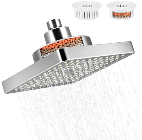 Rain Shower Head with Filtered, 6 Inch Rainfall Shower Head High Pressure, Adjustable Waterfall Filter Showerhead with 2 Filter, Square Fixed Shower Heads for Hard Water, Replacement Chrome (Silver)