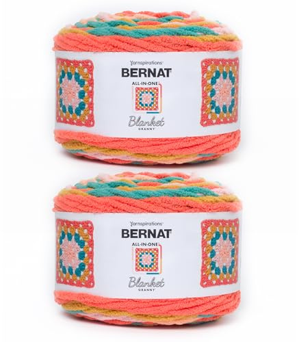 Bernat All in One Blanket Granny Throwback Yarn – 2 confezioni da 240 g/8,5 oz – 100% poliestere – #6 Super Bulky – 150 metri – per maglia/uncinetto