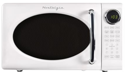 Nostalgia Retro Microwave Oven - 0.7 Cu Ft, 700-Watt Countertop Size with Glass Turntable, Child Safety Lock, 8 Auto-Cook Programs, Digital Clock - White