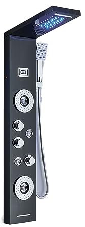 MLHDZ Termostatisk duschblandare set matt svart LED duschpanel vattenfall regn duschkran set spa massage bad duschkolumn dubbelhandtag mixer kran torn (guld) (8029 svart)