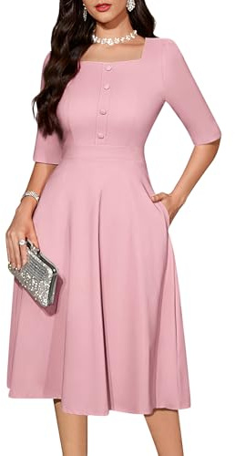 Bbonlinedress kvinnor cocktailklänning formell bröllopsgäst 3/4 ärm A-linje swing fyrkantig hals kyrka midi te bal klänning, Rouge, XL