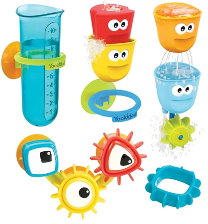 Yookidoo Kids Bath Toy - Cups 'N' Gears Water Set - Includes 3 Interchangeable Bath Cups, Suction Cups, 3 Googly Eye Gears and Pourers That Attaches to Any Size Tub