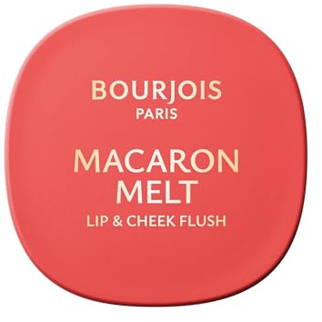 Bourjois Macaron Melt Lip & Cheek Flush, 3 Peach Tatin Rouge, elastische Textur aus Cremepuder, samtig, leichte Formel, integrierter Spiegel, 8 g