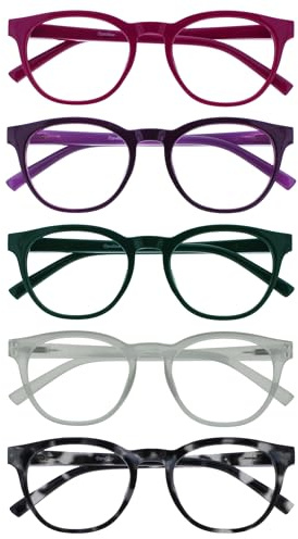 OPULIZE ORA Lunette loupe homme et femme, Lunettes de lecture, Charnières à ressort, Cadre rond léger, Lot de 5 Rose Violet Vert Glace Écaille grise +3,00