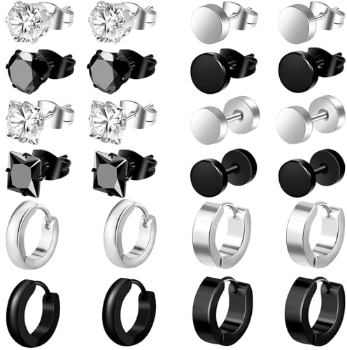 ONESING 12 Pairs Earrings for Men Hypoallergenic Stainless Steel Earrings Studs Hoop Earrings Silver/Black Mens earrings Set for Multiple Piercing