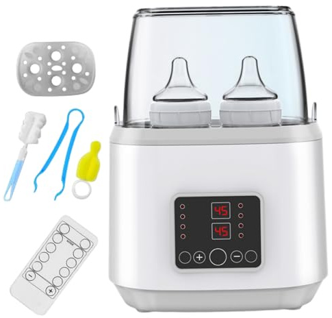 Calentador de biberones, calentador de botellas portátiles ajustable de 2 en 1 y esterilizador con pantalla LCD, calentadores de leche para bebés para leche materna o fórmula (gris)