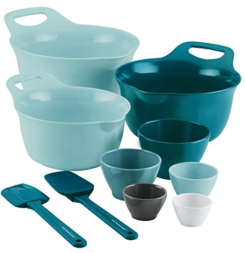 Rachael Ray Tools and Gadgets Mix and Measure Cooking / Baking Prep Set with Mixing Bowls, Measuring Cups, and Tools - 10 Piece, Light Blue and Teal