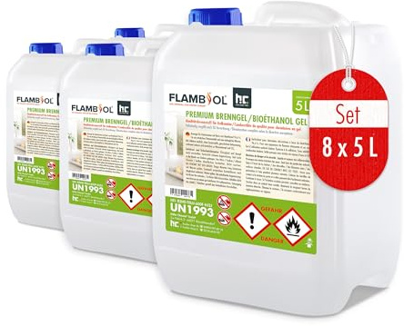 FLAMBIOL® Bioéthanol Premium en Gel (8 x 5 L) – Combustible Longue Durée, Idéal pour Cheminées d'Intérieur et d'Extérieur – Formule Améliorée et Écologique, Fabriqué en Allemagne