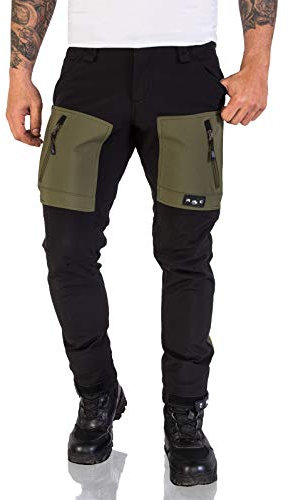 Rock Creek Herren Softshell Hose Cargohose Outdoorhose Wanderhose Herrenhose Wasserdicht Skihose Arbeitshose Winter Hose H-196 Schwarz-DGrün M