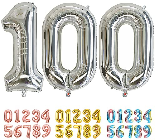 Ponmoo Foil Balloon Number 100 Silver, Giant Numbers 0 1 2 3 4 5 6 7 8 9 10-19 20-29 30-39 40-49 50-60-70-80-90-100, Large Balloons for Wedding Anniversary Birthday Party Decoration