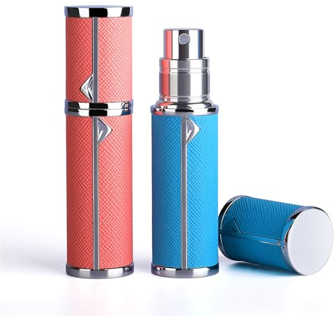 Sinyutia 2pcs Travel Atomizer Cologne Perfume Case 5ml (Blue & Pink) | Mini Travel Size Atomizer Bottle, Refillable Perfume Dispenser Container, Spray Pump Scent Case for Men and Women