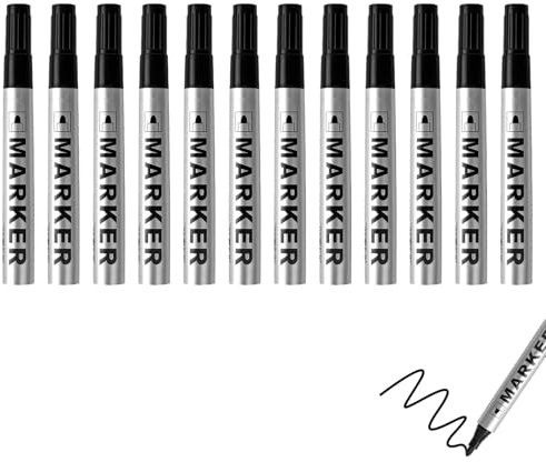 Qneneam 12 Pezzi Pennarello Indelebile Nero, Pennarelli Indelebil, Neri Punta Grossa 2mm Ricaricabili, Inchiostro ad Asciugatura Rapida, Pennarelli permanenti per metallo, impermeabile all'Acqua Luce