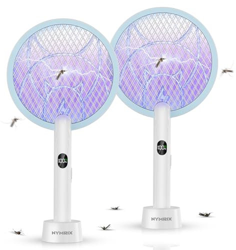 Nymrix Electric Fly Swatter Racket, 2 in 1 Mosquito Bug Zapper 4100V Handheld Mosquito Killer with 1800 mAh Rechargeable Battery, Purple Lightand 3-Layer Safety Mesh for Indoor Outdoor Blue Two-Pack