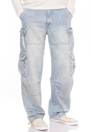 Jet Lag Pantalon cargo en jean bleu marine clair 007, Denim blanchi, M / 32L