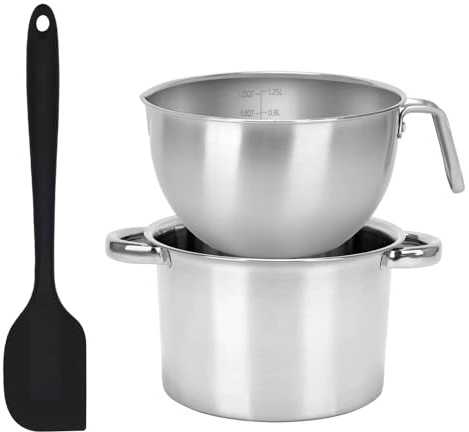 2pcs Double Boiler Pot Set, 1250ML/1.1QT Mixing Bowl with Scale 2200ML/ 2QT Stainless Steel Heating Pot with Silicone Spatula for Cheese Chocolate Candy Candle Soap Wax Melting (1250ML)