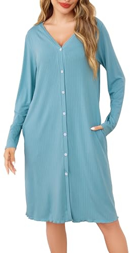 Sopesil Camicia da Notte Donna Maniche Lunghe Camicia da Notte Aperta Davanti con Bottoni e Collo a V Pigiama Vestito Donna Morbido per Dormire Casa Relax Verde Chiaro,XL