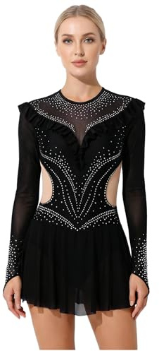 CHICTRY Lyrical Dance Costumes for Women Ruffled Trims Ballet Skirted Leotard Ice Figure Skating Dress Black S
