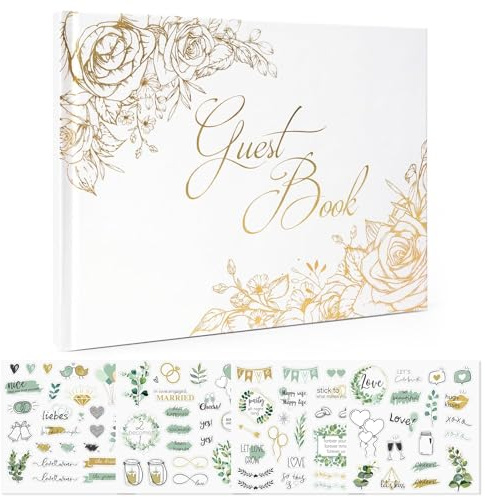 Wedding Guest Book, Personalised Minimal Guestbook for Wedding Reception Sign in & Photos(144 Blank Pages) with 4 Exquisite Wedding Sticker, Bride Advice Book, Signatures and Special Moments