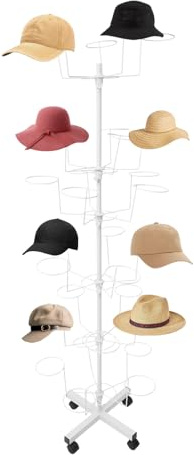 Duoruameng Porte-chapeaux en métal avec roues, étagère pivotante à 6 niveaux, affichage autonome, organisateur pour chapeaux et perruques (blanc)