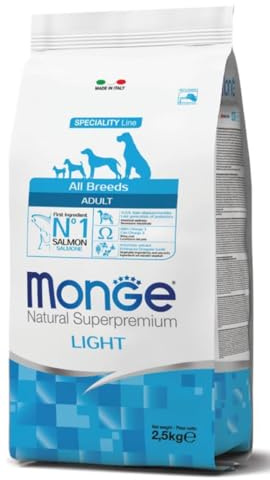 Monge LIGHT ADULT SALMON AND RICE, cibo per cani per tutte le razze (cibo secco per cani con salmone e riso, cibo secco per cani a ridotto fabbisogno energetico, contenuto: 12 kg)