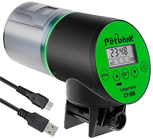 Petbank Distributeur Nourriture Poisson Aquarium - Timer Rechargeable avec Câble de USB Charger, Distributeur Automatique Aquarium avec Ecran LCD, Distributeur Nourriture Tortue,Vert