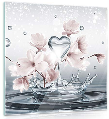 Forwall Glasbild Bilder Magnolie 30cm x 30cm - Glas Bilder Wandbild aus Glas Glaswandbild Kunstdruck modern Wandbilder Wanddekoration Design Wand Bild - Blumen Wassertropfen Herz GT10163G2