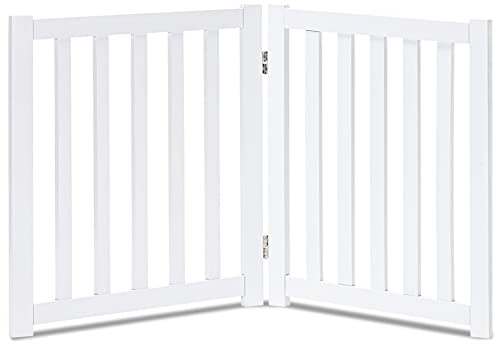 LZRS Wooden Free Standing Dog Gate 40 W x 24 H, Foldable Solid Hardwood Pet Safety Fence for House Doorways, Stairs, Hallways, Step-Over Pet Barrier, No Drill Easy Setup, White