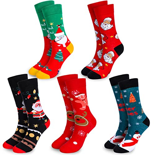 Qpout 5 par julstrumpor, lediga strumpor, unisex julhelg-vinter-varma bomullsstrumpor, jultomten snögubbe julgran vinter tofflor strumpor för pojkar flickor män kvinnor, röd, 10-12