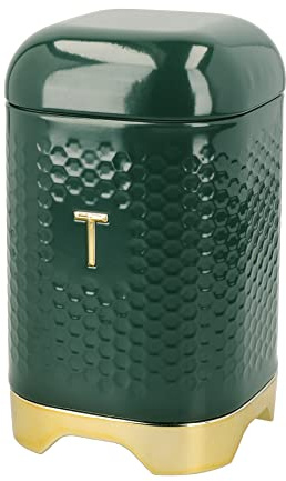 KitchenCraft Tea Storage Caddy with Lid, Hunter Green & Gold, 11.5 x 11.5 x 19.5cm