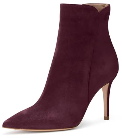 JANSEVEN Women's Heeled Ankle Boots Suede Stiletto High Heel Booties Pointed Toe Comfortable Sexy Classic Wine Short Boots Size 8