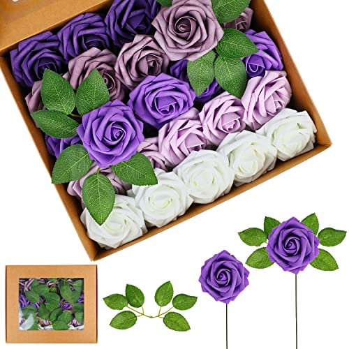 DIYASY Artificial Purple Roses Flowers, 50pcs Real Touch Foam Roses with Stem for Wedding, Bouquets, Party, Home Decoration
