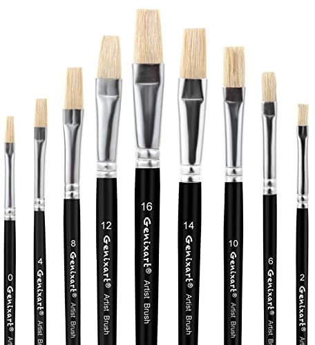 Artist Paint Brush Set - 9pcs Flat Paintbrushes for Acrylic, Oil, Watercolor Painting - Natural White Hog Bristle Art Paint Brushes for Students and Adults