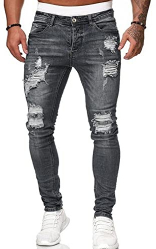 Osheoiso Vaqueros Rasgados de Hombre Skinny Denim Jeans Hip Hop Slim Fit Pantalone Casuales Elasticos Agujero Pantalón Jeans Largo Hombre Vaqueros Ajustados