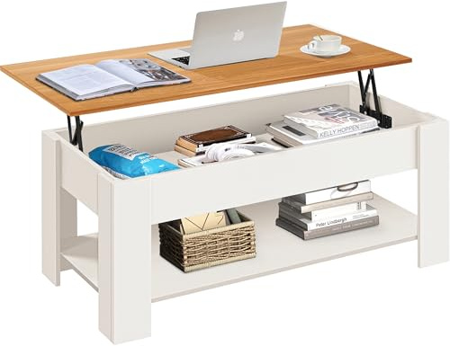 Coffee Table with Storage, Lift Up Coffee Table for Living Room, Wooden Coffee Tables with 1 Shelf Large Hidden Storage Rectangular Lift-Top Sofa End Tea Table Cream/Pine 120x60x(49.5-62.5) H cm