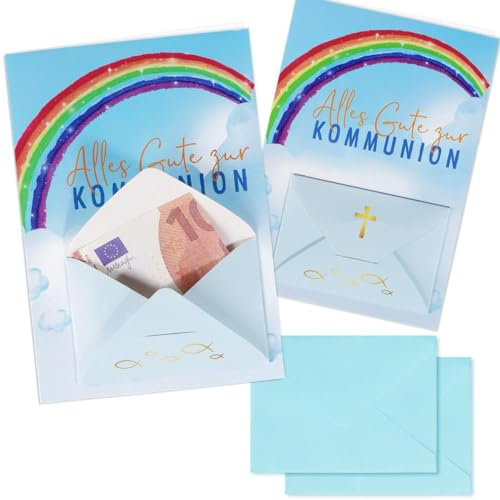 BHGT 2 Stück Kommunionkarten mit Umschlag Blau - Kommunion Glückwunschkarte - Kommunion Geschenk zur Kinder Tauben Konfirmation Deko Junge Mädchen Geldgeschenke