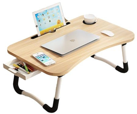Bandeja para Cama, Mesa Plegable de Desayuno Mesa Ordenador Portátil Multifunción Mesa de Ordenador portátil para Cama y sofá (con Cajon, Marron)