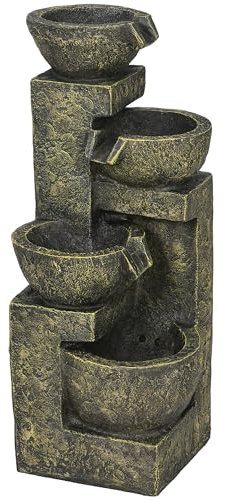 Outsunny Gartenbrunnen, Springbrunnen mit Einstellbarer Strömung, 4 Stufen Zierbrunnen, Wasserspiel, Wasserfall für Garten, Gartenteich, Terrasse, Kunstharz