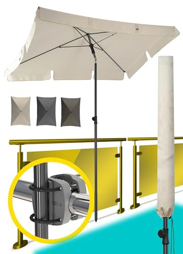 Menz Sonnenschirm Balkon als Sonnenschutz Balkon 3-IN-1 SET - UPF 50+ Sonnenschirm rechteckig 200 x 125 cm in Beige + Sonnenschirmhalter Balkongeländer + Sonnenschirmhülle