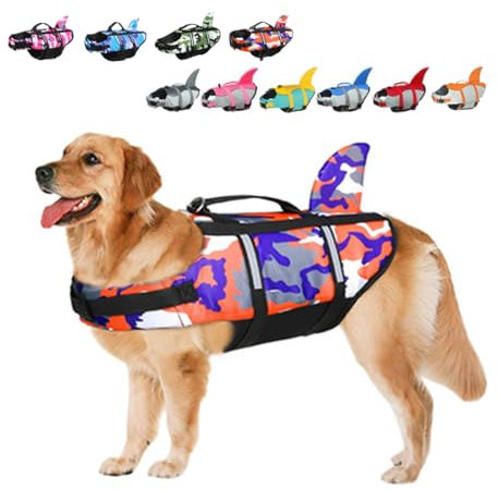 Rettungswesten für Hunde Schwimmweste Hunde Hai, Leicht und Sicher für Wassersport, hundeschwimmweste mit Griff und Reflektierend für Kleine Mittlere und Große Hunde Tarnung Orange XS