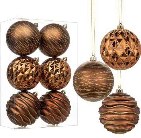 Hollyone Bolas de Navidad grandes de 10 cm, 6 bolas de bronce para decoración de árbol de Navidad, bolas de Navidad gigantes, adornos colgantes para decoración de árbol de fiesta de boda
