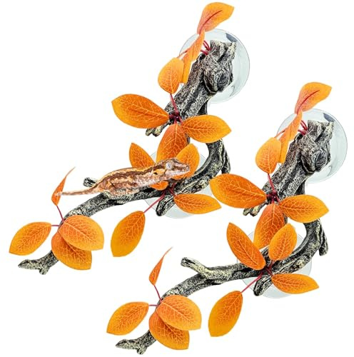 Kathson Snake Climbing Branch, 2 PCS Resin Reptile Branches for Climbing with Suction Cups Reptile Tank Decor Accessories Frog Terrarium Plants for Corn Snake Frog Bearded Dragon Lizard Gecko (Yellow)