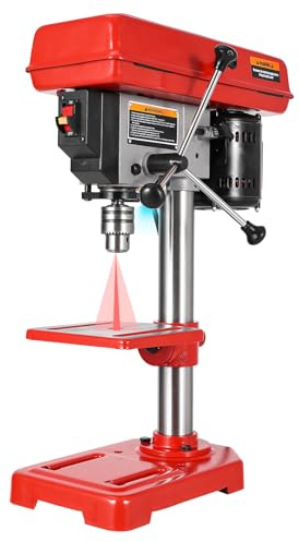 GarveeTech 8 Benchtop Drill Press, Laser Ray (Class II Max. 1mW), Tabletop Drilling Machine with 5 Adjustable Speeds (620 to 3100 RPM), 0-45°Tilting Worktable with LED Light (1W), for Wood or Metal