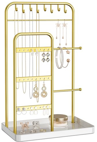 pickpiff Jewelry Holder Stand: Jewelry Display for Necklace, Bracelet, Earring, Ring, White & Gold